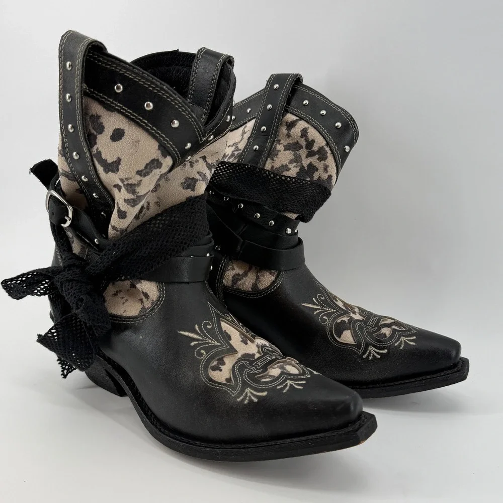 Rockin Country RC5006 Black Leather Studded Bow Western Boots 7.5M Rodeo Cowgirl